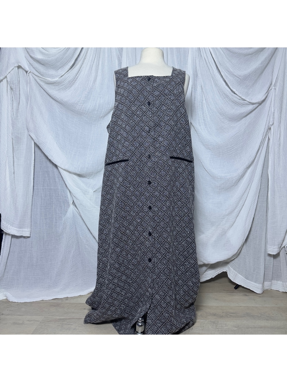 Vintage Black Patterned Button-Front Maxi Dress